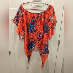 Luckymore Off Shoulder Orange Blue Floral Blouse XL Flutter Sleeve Asymmetrical